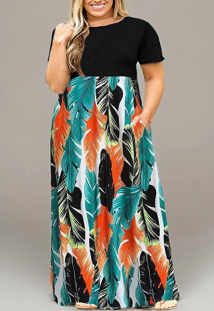 Round Neck Maxi Dress, Patchwork Palm